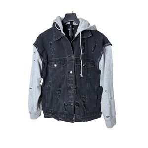 Hot Topic Twofer Distressed Black Denim Jacket Grey Hoodie Sleeves Small